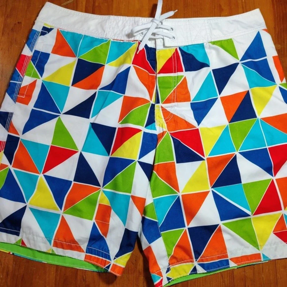 2 Swim Trunks Board‎ Shorts Old Navy L Geometric Print Blue Green Orange beach